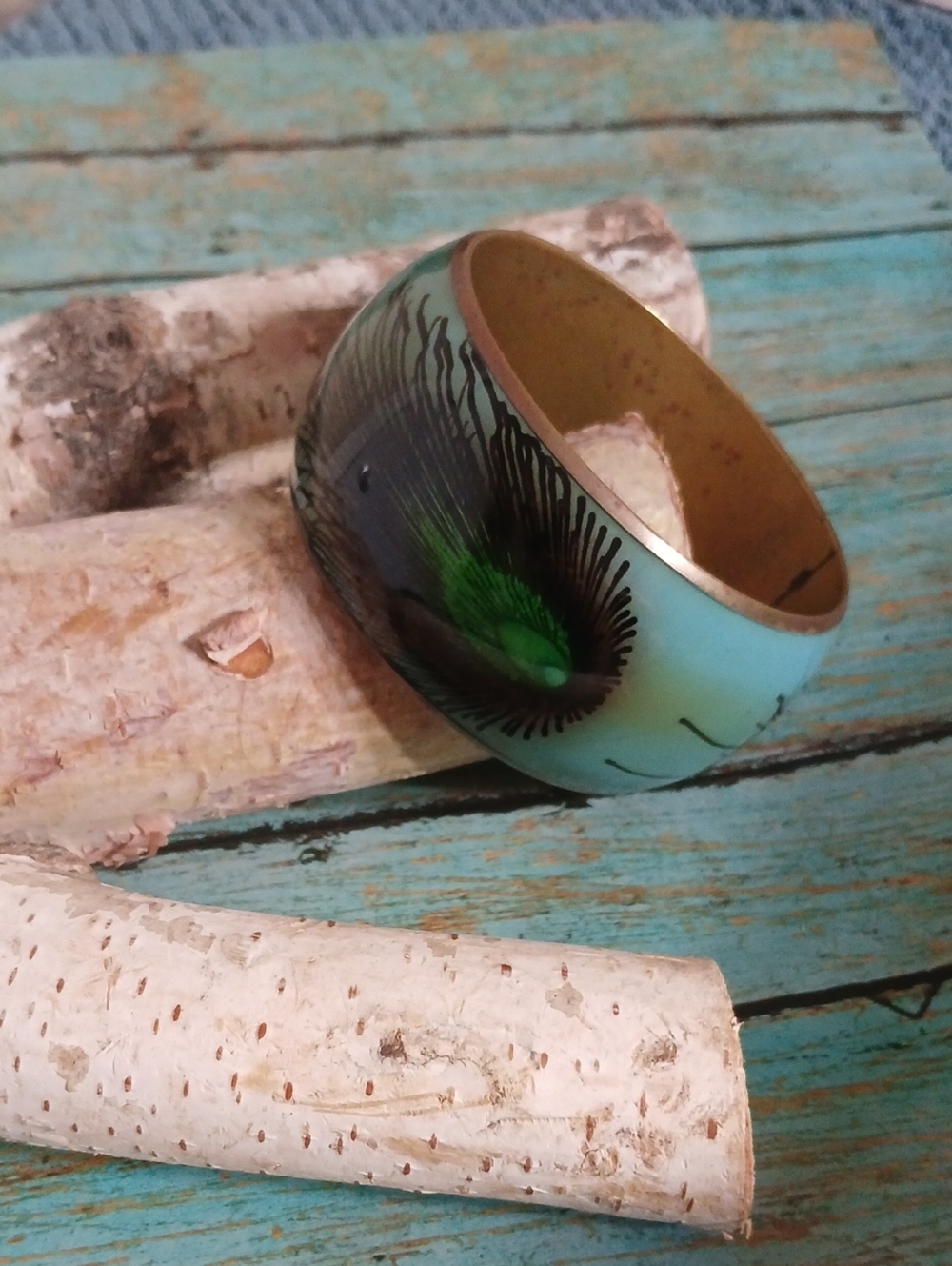 Aqua Peacock Feather Enamel Bangle Bracelet